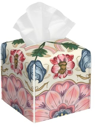 Decorative Square Tissue Box Cover, Floral Pattern, Black and Gray Roses, PVC Leather, Waterproof Lightweight, Tissues Holder with Storage (Royal Pink B)
