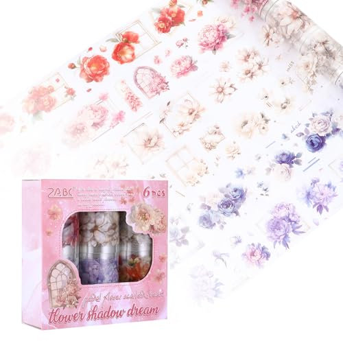 6 Rolls Washi Tape Set, Journaling Zubehör, PET Bunte Blumen Sticker Rolle, Washi Sticker Glitzer für Washies Scrapbook Zubehör, Tagebuch, Handwerk und Album Dekoration (Blumen2)
