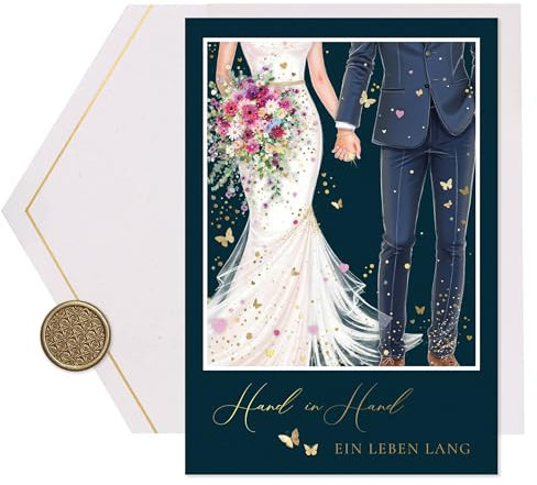 Joli Coon Papeterie Hochzeitskarte Hand in Hand ein Leben lang STARDUST - Premium Hochzeit Glückwunschkarte mit FinePaper Kuvert und echtem Wachssiegel