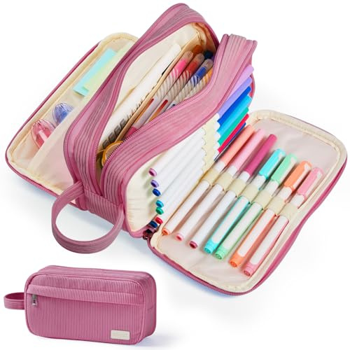 Sooez High Capacity Pencil Case, Soft Corduroy Pencil Pouch with 4 Compartments, Multiple Pockets, Large Bag with Sturdy Zipper, Cute Case Pouch Organizer for Student Teen Girls, Dark Pink