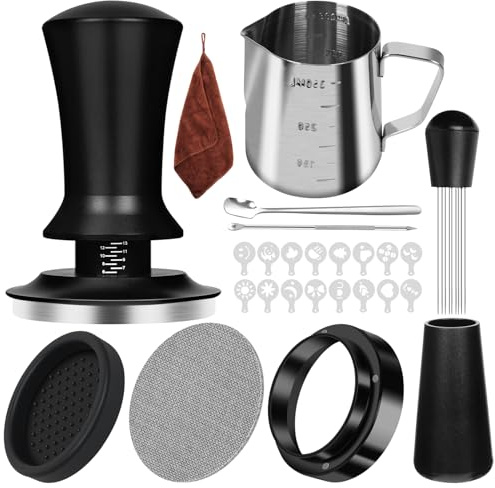Y-Step Coffee Tamper Set - Espresso Barista Coffee Machine Accessories Set - 58 mm Espresso Tamper, WDT Tool, 58 mm Dosing Funnel, 58mm Puck Screen, Milk Jug, Latte Art Pen,Tamper Mat, Coffee Stencils