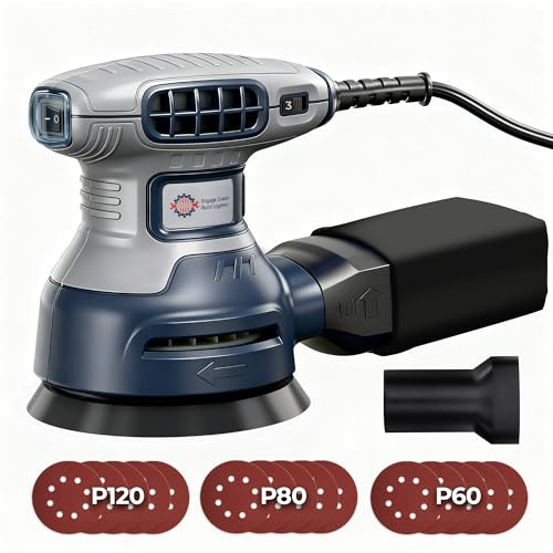 5-Inch Random Orbital Sander, 3Amp Electric Corded Palm Sander with 6 Speeds (6000-13000 OPM), Dustless Dust Bag & Vacuum Adapter, 15 Sandpapers for Woodworking, Furniture Refinishing, Paint Removal