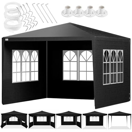 KANWOD Tonnelle 3x3 m - Tonnelle de Jardin Exterieur 9 m² avec 4 Parois et 3 Fenêtres - Imperméable - Protection UV - Barnum Stable pour Réception, Barbecue, Camping, Marché - Noir