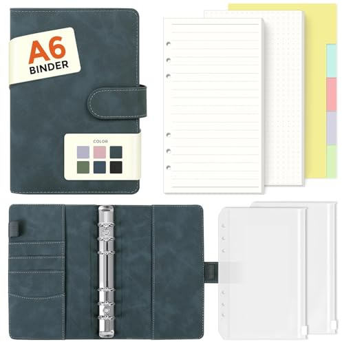 SKYDUE A6 Ringbuch, Ringbuch A6 Nachfüllbar, Gepunktet & Liniert-Notizbuch Mit mit Reißverschlusstaschen & Trennblättern, Budget Binder Für Schule, Reisetagebuch & Büro-Dunkelblau