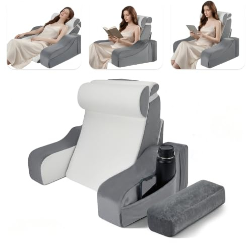 Reading Pillow for Adults, Adjustable Back Support Pillows for Bed Sitting Up, Solid Foam Backrest Cushion with Neck Roll & Arms, Wedge Pillow Sitting in Bed Sofa Floor for Relaxing,Gaming,Watching TV