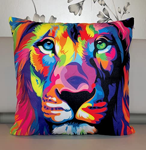 The Beach Stop Neon Rainbow Safari Jungle Lion Cushion Cover | Unique Living Room & Bedroom Animal Decor | Gift Idea | 45x45cm 18x18” | Colourful Lion