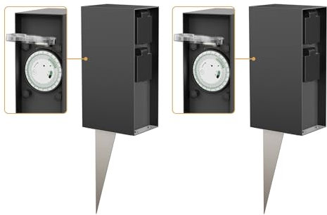 ledscom.de 2 Stück Garten-Steckdosensäule POMI mit Erdspieß für außen, IP44, Timer/Zeitschaltuhr, 2-Fach, anthrazit, eckig, 23cm
