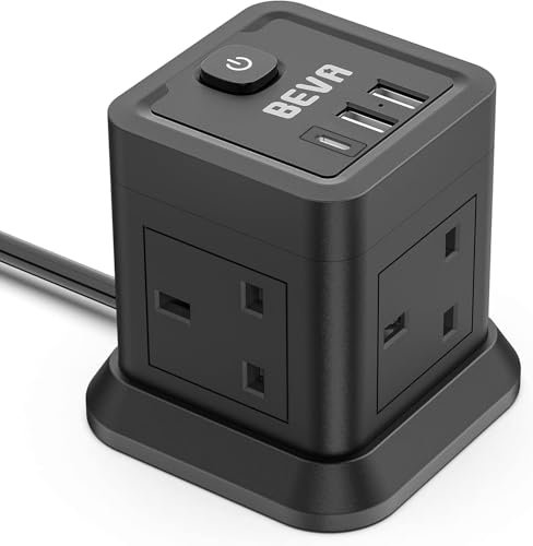 Extension Lead Cube 3M With USB Slots, BEVA 4 Way Extension Socket With 3 USB Ports, Power Strip With Switch Multi Plug Extension with 3 Metre Long Cable For Home Travel Office Dorm-Black…