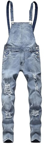 WDIRARA Men's Ripped Distressed Skinny Denim Overalls Dungarees Jeans Jumpsuits with Pocket Light Wash XL
