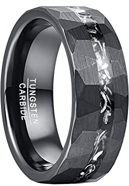 Vakki 8mm Schwarz Herren Wolfram Ring mit Gehämmerter, strukturierter Einlage aus Meteorit für Hochzeit, Jahrestag, Geburtstag, Größe 62(19.7)