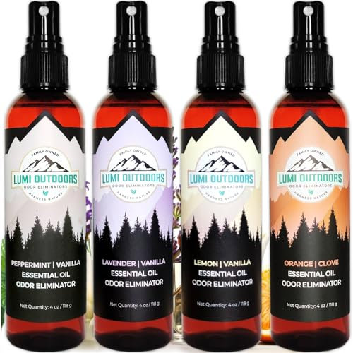 Lumi Outdoors Natural Air Freshener Spray - 4 Pack Bundle - Peppermint Vanilla, Lavender, Lemon, Orange Clove Room Sprays
