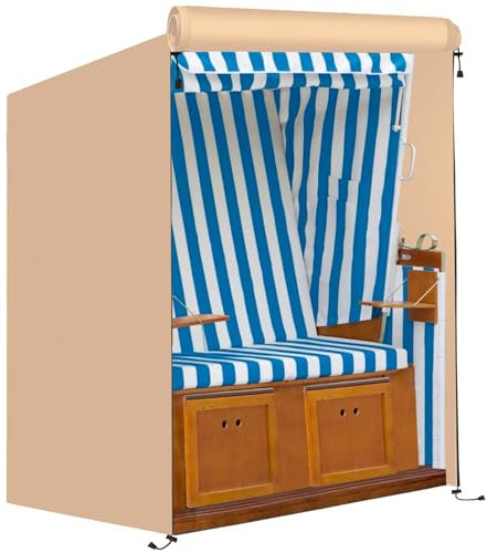 FINEW Strandkorb Schutzhülle Winterfest aus 600D Oxford Gewebe, 135x105x175/140cm Strandkorbhülle Wasserdicht, Schutzhülle Strandkorb mit Reißverschluss, Reißfest und UV Beständig, Winddicht (Beige)