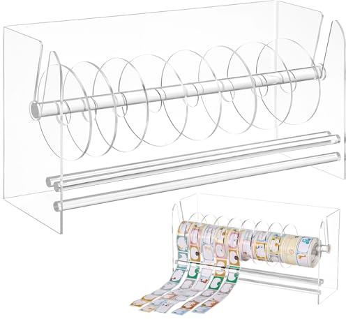 Clear Label Roll Holder, Transparent Acrylic Tape Dispenser, Adjustable Desktop Sticker Roll Holder for Office and Home, Adjustable Sticker Roll Holder with 8 Removable Divider Disks