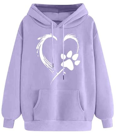 Hoodies For Women Uk Dog Paw Print Sweatshirt Long Sleeve Hooded Jumpers With Pocket Hooded Pullover Tops Oversized Tees Shirts Hoody T Shirts Tunic Tops Blouse Office Work Purple S