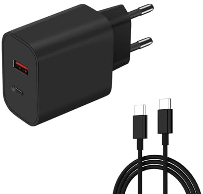 OWYELO USB C laddare 20 W 2 portar med kabel, svart vägguttag med USB-C och USB-A, PD snabbladdning för iPhone 16 15 14 13, iPad, Samsung, inklusive typ C-kabel 2 m