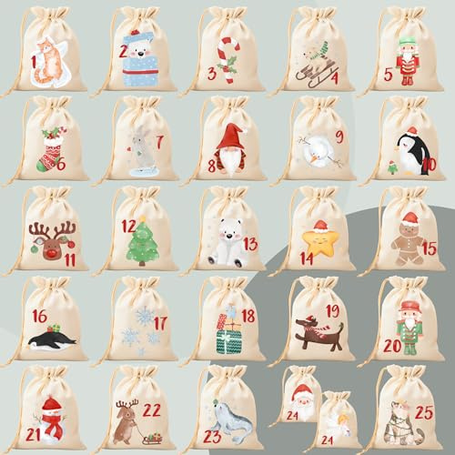 Calendario dell'Avvento fai da te, 25 immagini da stirare invernali, opzionali con sacchetto di cotone in piccolo, grande o misto, calendario natalizio creativo da riempire, Natale, Xmas, regalo