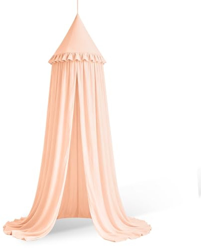 HOTUT Baldacchino per Letto Bambini con Volant,Tenda Sospesa per Culla,Tenda Zanzariera Cupola Rotonda Baldacchino per Decorazione Lettino Culla Bambini Cameretta Camera da Letto Lettura(Rosa Riso)
