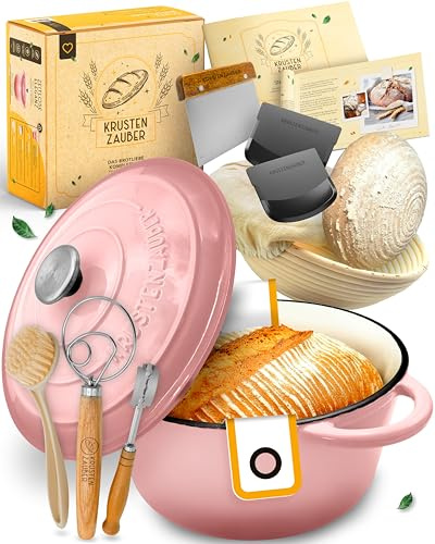 Olla de hierro fundido esmaltado en juego XXL – Molde para pan con tapa incluye cesta de fermentación, batidor, cuchillo de panadero, espátula para masa, soga de pan, etc. Perfecto juego de olla para
