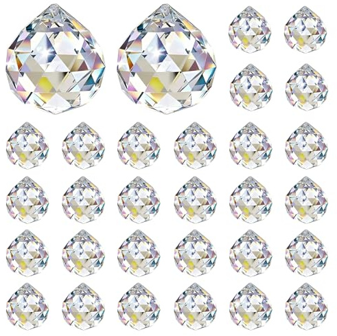 30 acchiappasole in cristallo, 25 x 30 mm, cristalli da appendere, prisma, sfera di cristallo, acchiappasole per finestre e lampadari, decorazione Feng Shui e regalo