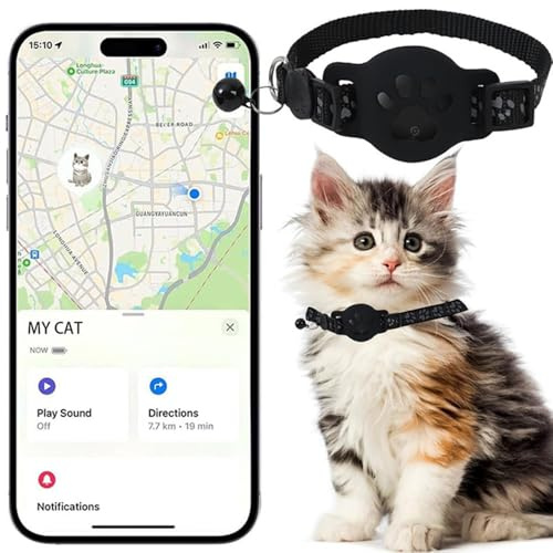 Collier GPS Chat, Traceur GPS Chat Tracker, sans Abonnement Mensuel, Compatible avec Apple Find My (iOS Uniquement), sans Carte SIM (Collier + pisteur Noir)