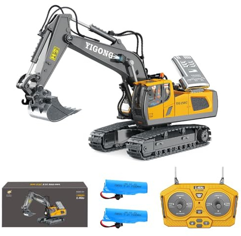 Teeggi 1/20 Excavadora teledirigida de juguete para niños a partir de 6-12 años, niños y niñas, excavadora RC de 11 canales con pala de metal, giro de 680°, luces y efectos de sonido