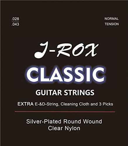 J-ROX Gitarrensaiten Konzertgitarre - Premium Nylon Saiten für die klassische Gitarre, Konzertgitarre, Akustikgitarre + Extra E-Saite + Extra D-Saite + Reinigungstuch + 3 Picks