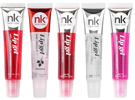NICKA K NEW YORK VARIETY SET OF 5 NK Hydrating Lip Gel - Vitamin E (Clear, Rosehip Oil, Bubble Gum, Cherry, Strawberry)