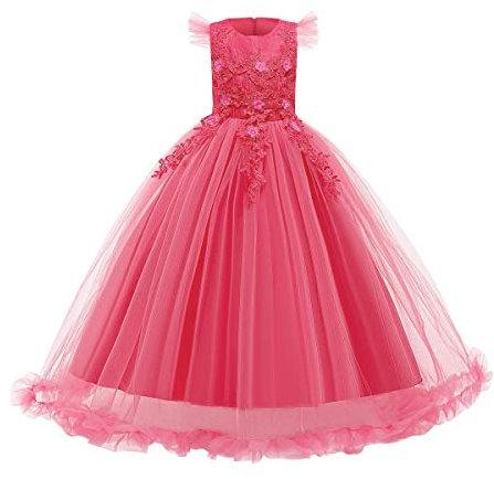 Vestido Largo de Fiesta para Niña Apliques de Flores Tul Tutú Princesa Formal Elegante Dama de Honor de Boda Cumpleaños Noche Bautizo Ceremonia Carnaval Ocasión Especial Melon Rojo 7-8 Años
