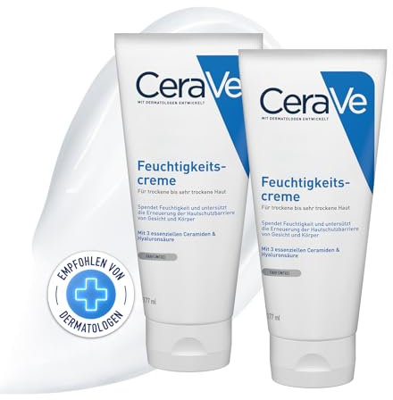 CeraVe Feuchtigkeitscreme für Körper und Gesicht, Langanhaltende Feuchtigkeit für trockene bis sehr trockene Haut, Seidige Textur, Mit Hyaluron und 3 essenziellen Ceramiden, 2 x 177 ml
