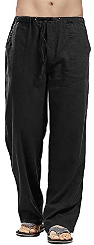 Men's Solid Linen Pants Relaxed Fit Yoga Straight Legs Trousers-Black-M