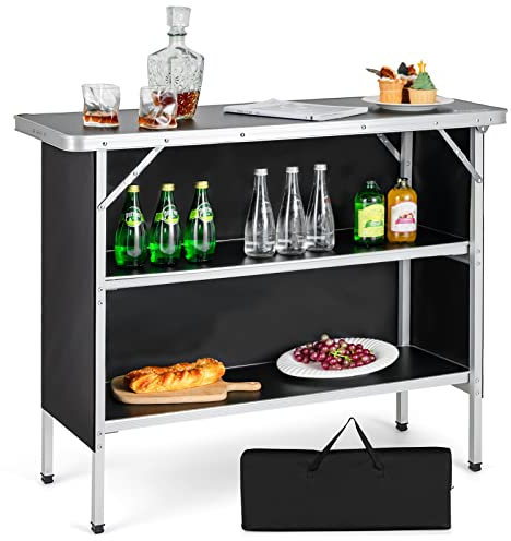 COSTWAY Campingschrank faltbar, tragbarer Campingküche mit 2-stöckigen Regalen, Camping Faltschrank aus Aluminium, inkl. Tragetasche, für Picknick, Grillen, Partys, 110 x 38 x 88 cm (Schwarz)