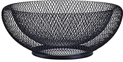 EACHPT Metal Mesh Fruit Basket, Round Gold Retro Hollow Out Iron, Snack Storage, Iron Fruit Holder, for Kitchen Counters Table (Black)