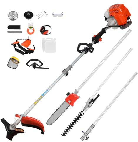 52CC Petrol Grass Strimmer Cordless, Garden Brush Cutter, Extendable Hedge Trimmer, Pruner Chainsaw, 134cm Extension Pole, 2-Stroke Lawn Strimmer (Orange)