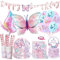 LPZMPZ Schmetterling Deko Geburtstag 100 Stück Partygeschirr Set mit Cake Topper, Luftballons, Tischdecken, Tassen, Strohhalme, Servietten