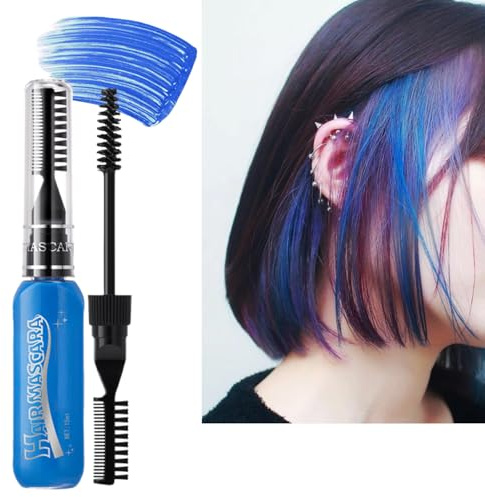 Blue Hair Chalk for Women, Hot Color Hair Mascara Wash Out, Washable Temporary Hair Dye for Men, Coloured Hair Spray with Comb, Festivals Party Cosplay Gift for Girl（15ml）