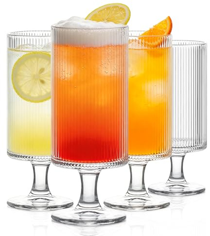 INSETLAN Set of 4 Ribbed Glass Goblets – 12oz Vertical Stripe Stemmed Glassware for Cocktails, Wine, and Beverages – Elegant Durable Glass Cups for Parties, Weddings, and Everyday Use