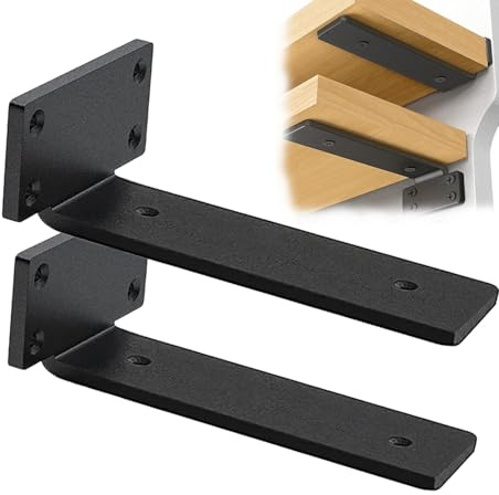 Pubiao 2 Pack Floating Shelf Brackets 20cm, Heavy Duty Black L Brackets | Hidden L Bracket, Wall Mounted, 8 Inch, Metal, for Wooden Shelves, Upward or Downward Install, Screws & Anchors Included