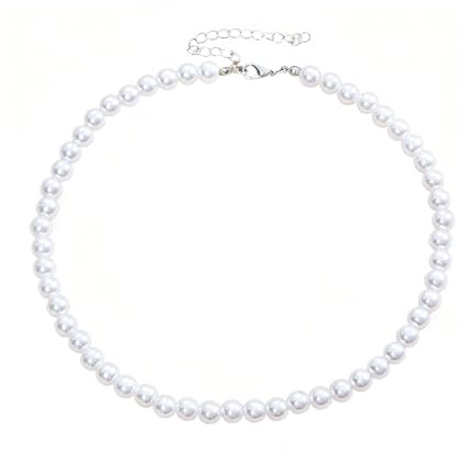Collar de Perlas, Collar Largo Perlas Mujer, Ajustable Women Necklace, 6mm Artificiales Blanco Perlas, Necklace Joyas para Mujer, Hombres