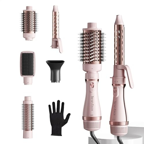 Tresses Touch Hair Dryer Brush, 5-in-1 Blow Dry Hair Brush, Multi Hot Air Styler for Drying and Styling Volumizing Curling Sleeking in One Step, Ceramic Coating, Less Frizz, 3 Temperatures, Pink