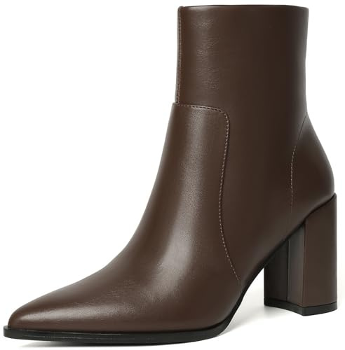Susanny Brown Chunky High Heel Warm Boots for Women Ankle Slip On Heeled Boot Mid Calf Chelsea Booties Leather Dress Work Hiking Snow Shoes 10.5