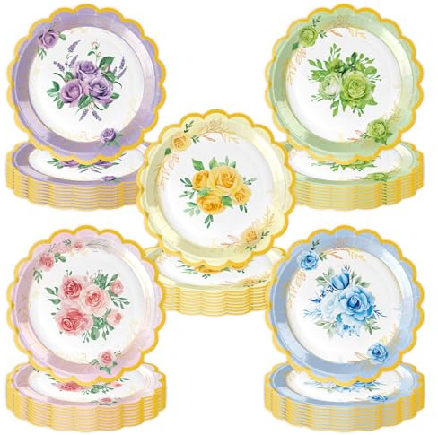 Sowoxdme Confezione da 50 piatti di carta vintage floreali, decorazioni per tè pomeridiano, piatti da dessert usa e getta, perfetti per addio al nubilato, feste in giardino