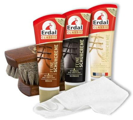 Erdal Schuhpflegeset Feine Schuhcreme, Farbauffrischung Glanz & Schutz, für Glattleder, Schuhpflegemittel-Bundle 6-teilig, mit Tubencreme für alle Farben, 2 Glanzbürsten & Poliertuch für Lederschuhe