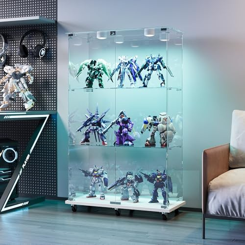 vitrina de cristal con LED, armario de exhibición con 2 puertas, 3 estantes, cerradura y luz táctil, vitrina moderna para salón o bar (blanco)