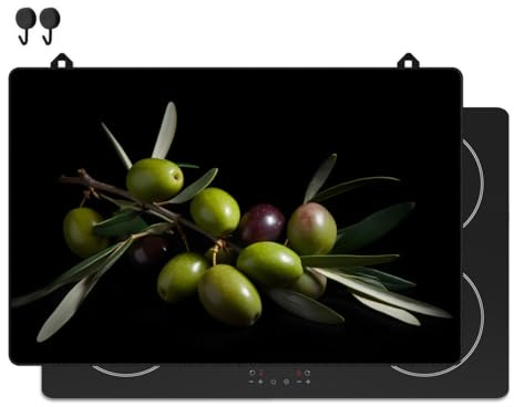 KitchyMist Protège Plaque Induction Olives - 80x52 cm - Déco cuisine - Protection pour plan de travail - Cuisson protégée - Fond de hotte de cuisine