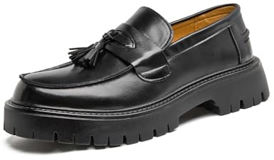Men's Black Patent Leather Platform Loafers Slip-On Dress Shoes with Tassel, Non-Slip Lug Sole Round Toe Penny Formal Shoes for Business Work & Daily (Black-1,11)