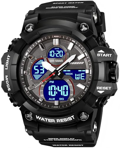 findtime Orologio militare da uomo, robusto, per attività all'aperto, analogico, con allarme doppio, 12/24H, data settimanale, cronometro bianco, bianco e nero, cinghia