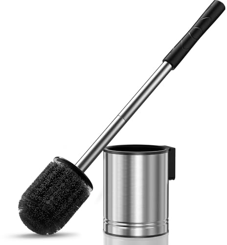 HAMITOR Toilet Brush and Holder Set: Silver Stainless Steel Wall-Mounted Toilet Cleaner Brush for Compact Bathroom – Durable and Space-Saving Loo Brushes for Small Homeowners & Renters, 1 Pack