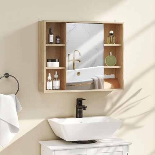 HOMCOM Armoire Murale, Meuble Salle de Bain avec Miroir, Miroir Salle de Bain avec Rangement, Placard à Portes et 6 Compartiments Ouverts, 60 x 14,5 x 49,4 cm, Bois Naturel