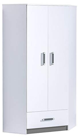 Furniture24 Eckkleiderschrank TRAFIKO 02, 2 Türiger Drehtürenschrank, Eckschrank mit 3 Einlegeböden, Kleiderstange und Schublade, Kleiderschrank für Jugendzimmer, Kinderzimmer (Weiß/Grau)