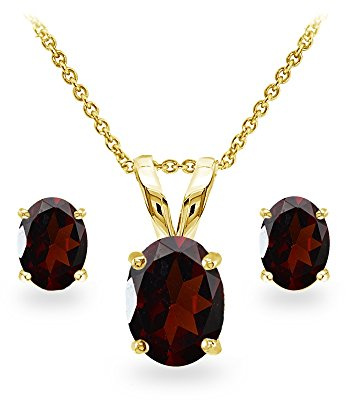 B. BRILLIANT Garnet Necklace and Earring Set Gold Flashed Sterling Silver Oval Solitaire Pendant & Stud Earrings Red Jewelry Sets for Women Bridesmaids